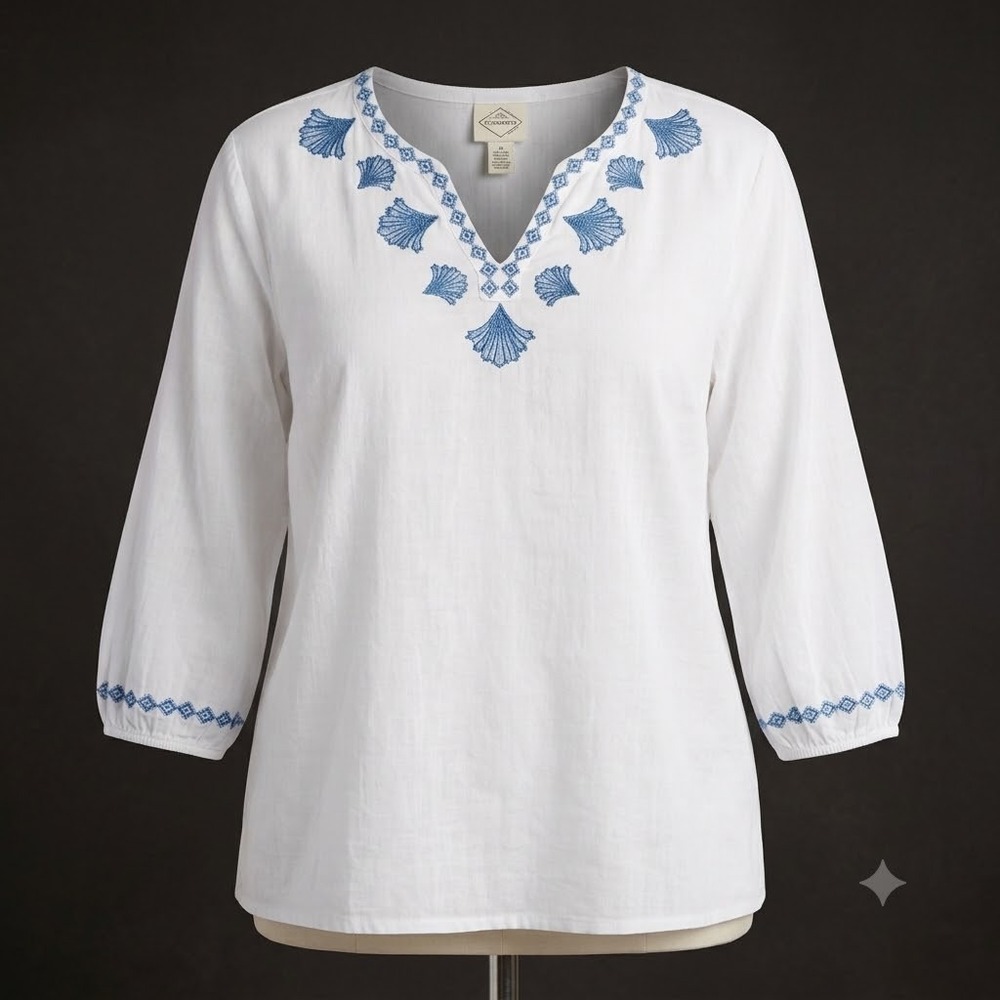 St. John's Bay Womens 3X White Blue Embroidered V-Neck Peasant Blouse 3/4 Sleeve